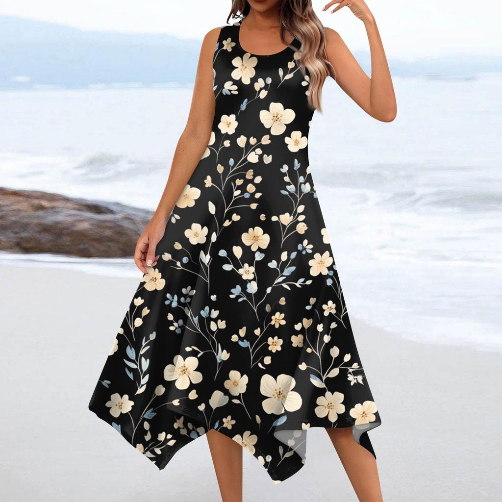Женское повседневное модное платье миди без рукавов с круглым вырезом и цветочным принтом, нерегулярный подол