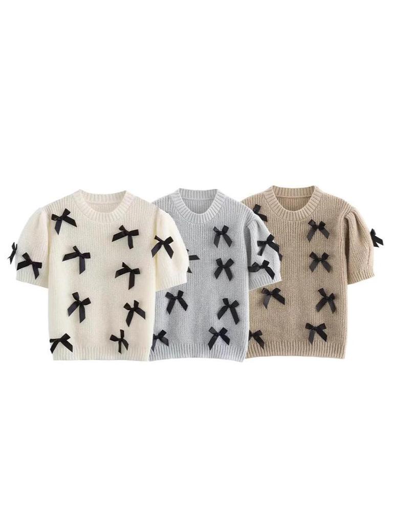 2025 Весна/Лето Женский Повседневный Однотонный Свитер с Круглым Вырезом и Коротким Рукавом-Фонариком