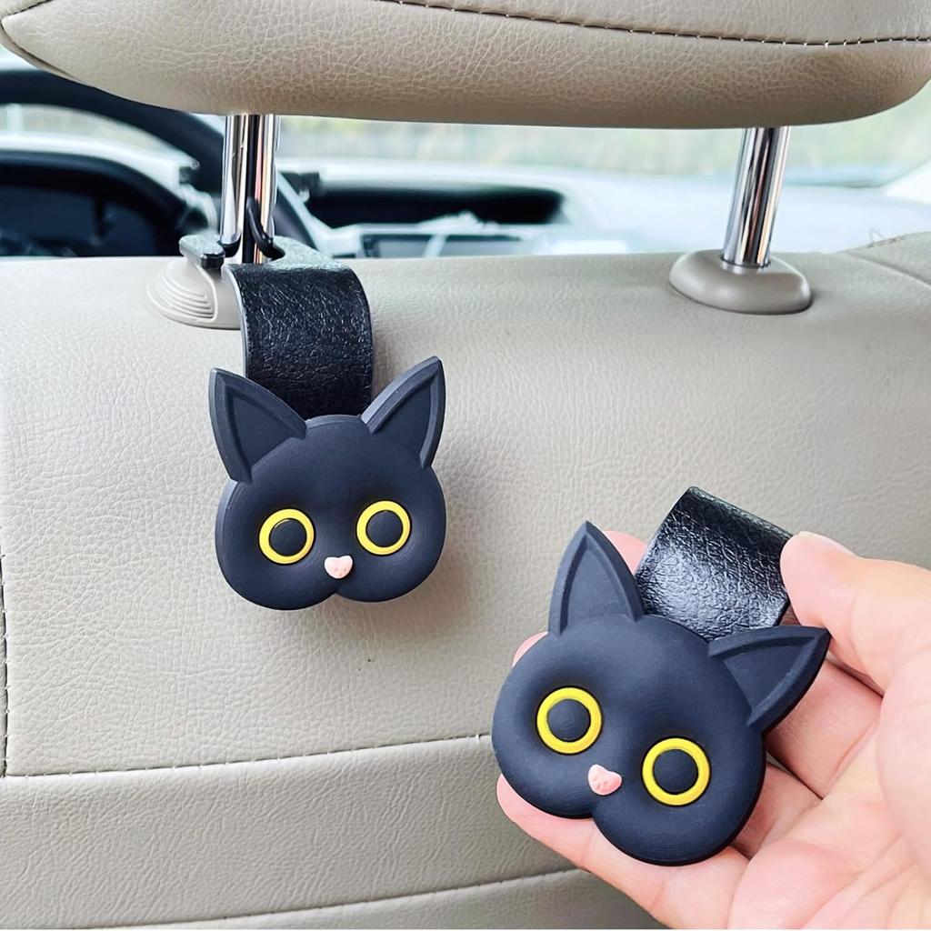 Car Seat Headrest Hooks - Cute Cartoon Cat Hook Vehicle Hanger For Purses, Bags, Coats, Umbrellas Holder (2Pc Black)