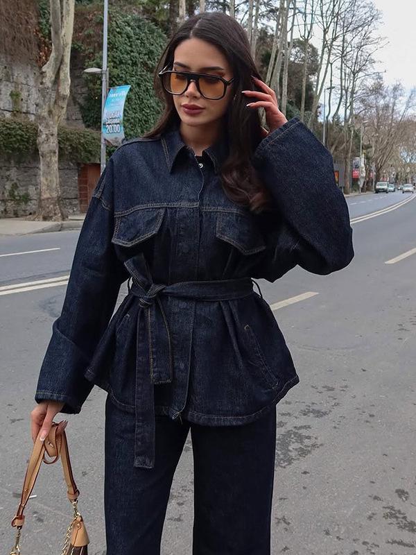 Весна/Лето 2025 Джинсовый комплект с поясом, отложным воротником и длинными рукавами