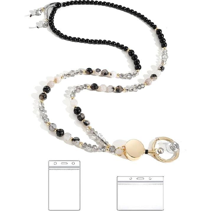 Lanyards for ID Badges and Keys,Natural Stone Beaded Teacher Lanyard for Women,Retractable Lanyard with ID Holder Cute Lanyards