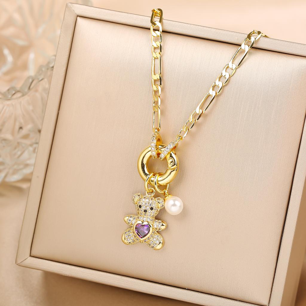 Sparkling Crystal Zirconia Animal Cute Bear Pendant Necklace Classic for Woman Girl Holiday Clavicle Chain Jewelry Casual Gifts
