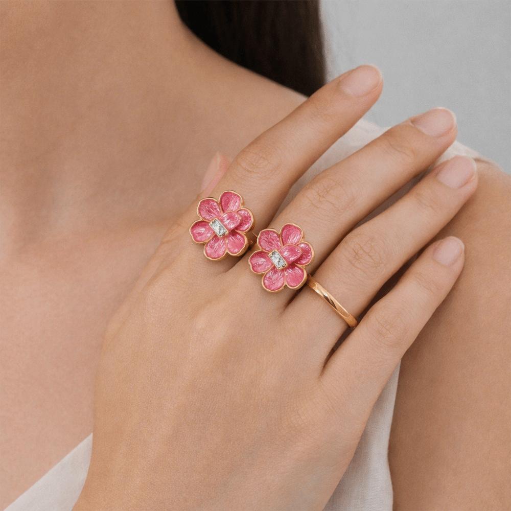 Dripping Oil Flower Ring Camellia Flower French Irregular Ring Retro Enamel Finger Ring Wedding