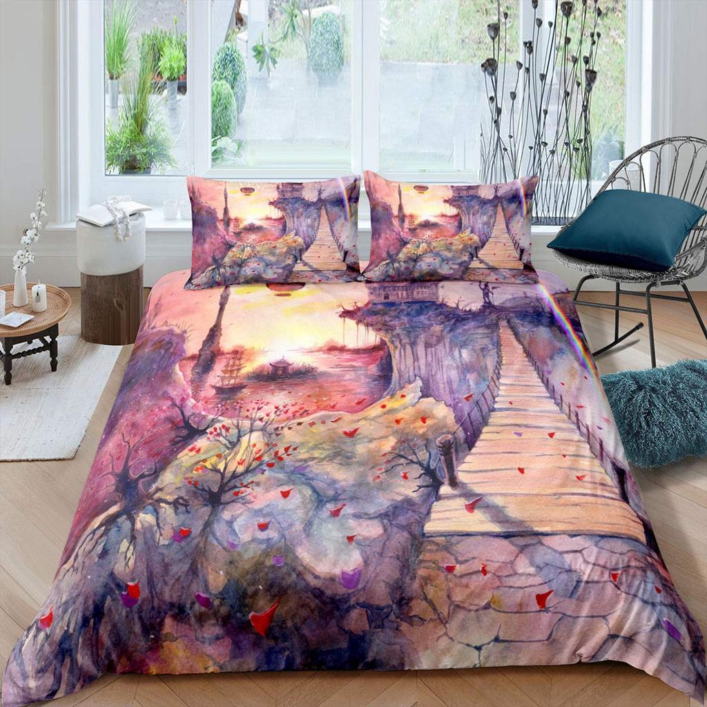 Bridge Landscape Digital Printing Duvet Cover Set For Kids Boys Girls Polyester Bedding Set Double Single Size With Pillowcase