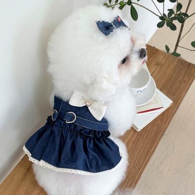 Джинсовая юбка для собаки Весна Лето Одежда для собак для пар Платье для таксы Дышащая одежда для щенков с бантом и жемчужной аппликацией