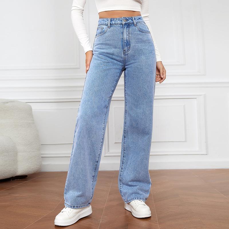 2024 New European And American High Waisted Washed Women'S Jeans Long, Fashionable And Versatile Straight Leg Pants