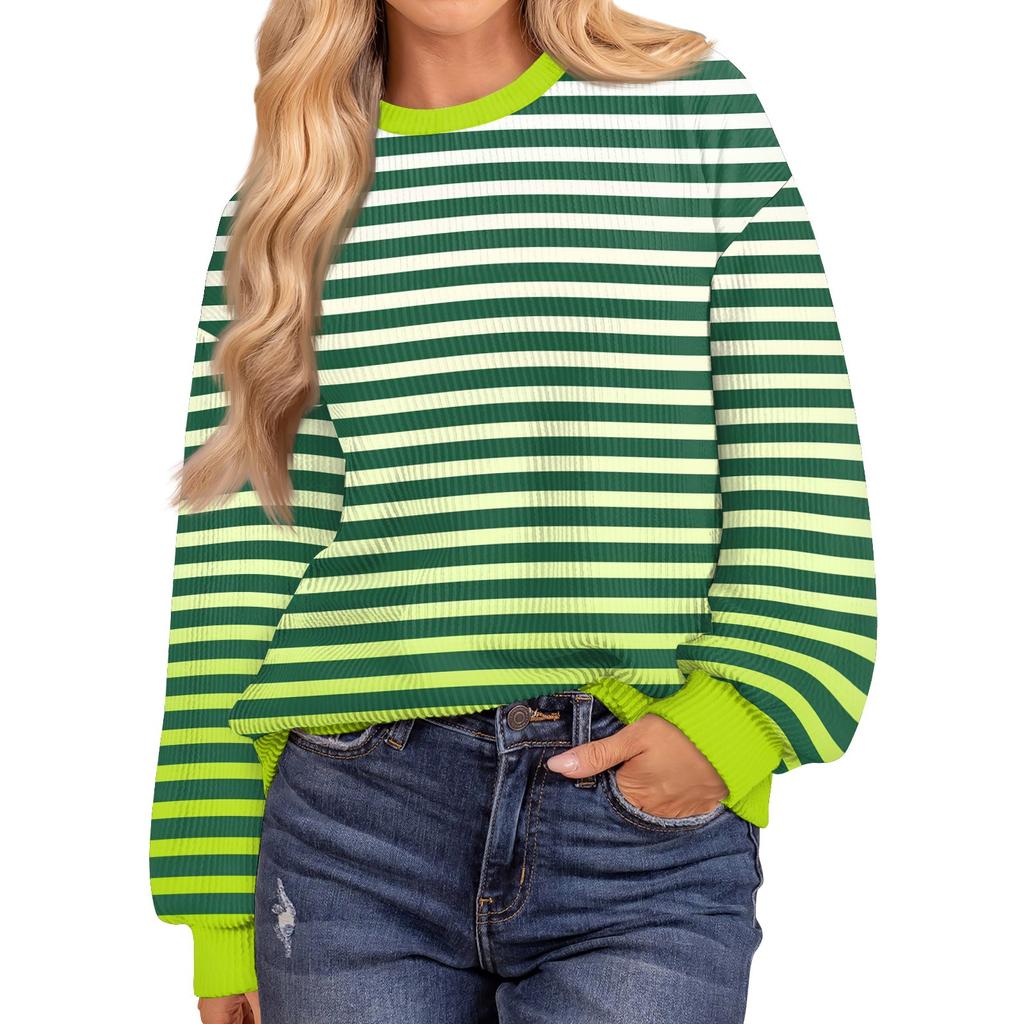 Женские повседневные свободные туники, топы с круглым вырезом, трикотажные ребристые рубашки с принтом, длинный рукав, пуловер, топ