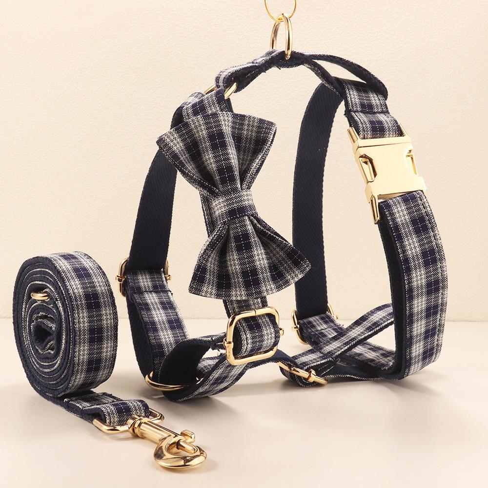 Plaid Pet Walking Harness Set with Bow Design, Adjustable Vest Collar Leash Kit for Small Dogs
