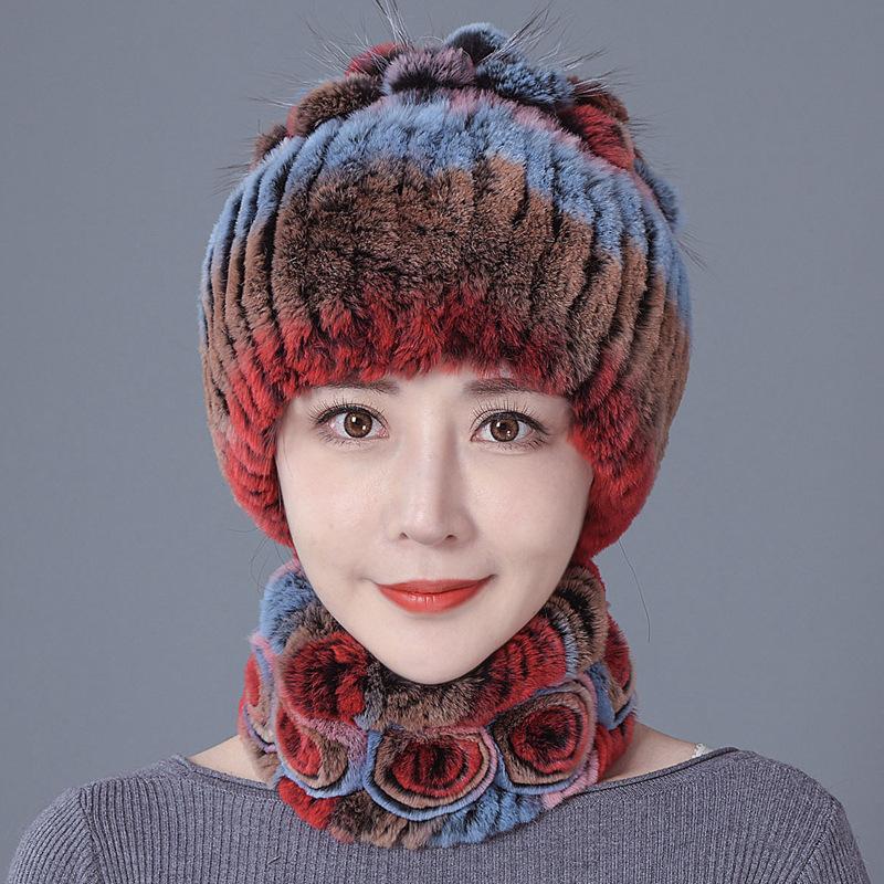 Шапка из меха кролика, женская зимняя мода, универсальная, теплая, зимняя защита для ушей, шарф из меха кролика Рекс, комплект из двух предметов, меховой костюм из меха