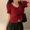 French-style V-neck Laced Bow Knitted Short Top Korean-style Slim-fitting Short-sleeved T-shirt for Women In Ins Style
