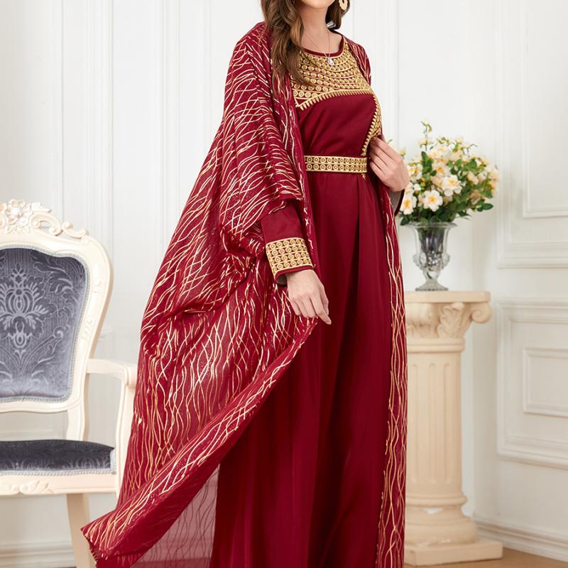 Ближневосточное мусульманское женское абайя с круглым вырезом, вышитым и позолоченным, с длинными рукавами, европейское и американское внешнеторговое платье из двух частей