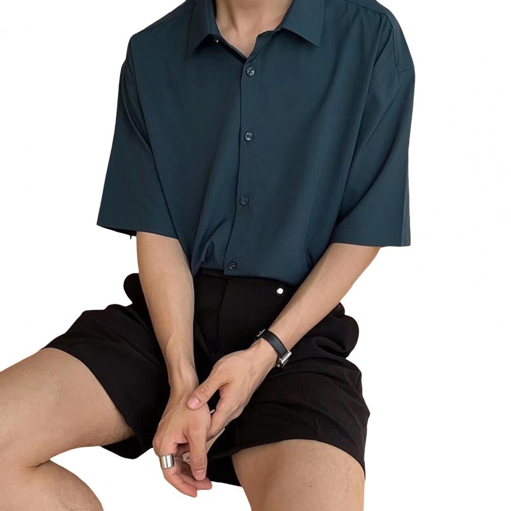 Men Spring Top Men's Casual Loose Fit Ice Silk Shirt with Turn-down Collar Half Sleeves Stylish Button-up Top for School Dating