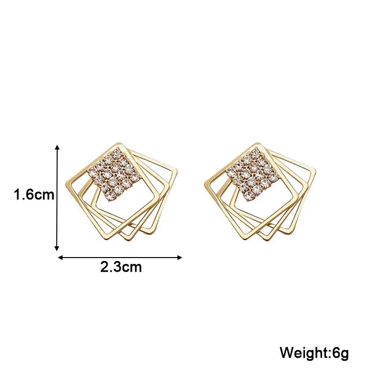 Crystal Inlay Three Layers Square Stud Earrings for Women Korean Hollow Geometric Jewelry Simple Earing