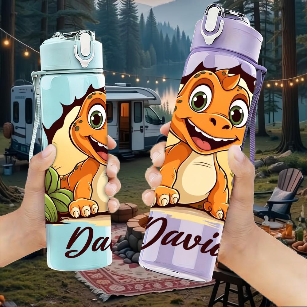 1PC Dinosaur Custom Name Cartoon Print 750ml Color Plastic Sports Water Bottle Leakproof Flip Straw Lid Suitable for Sports Office Home Use