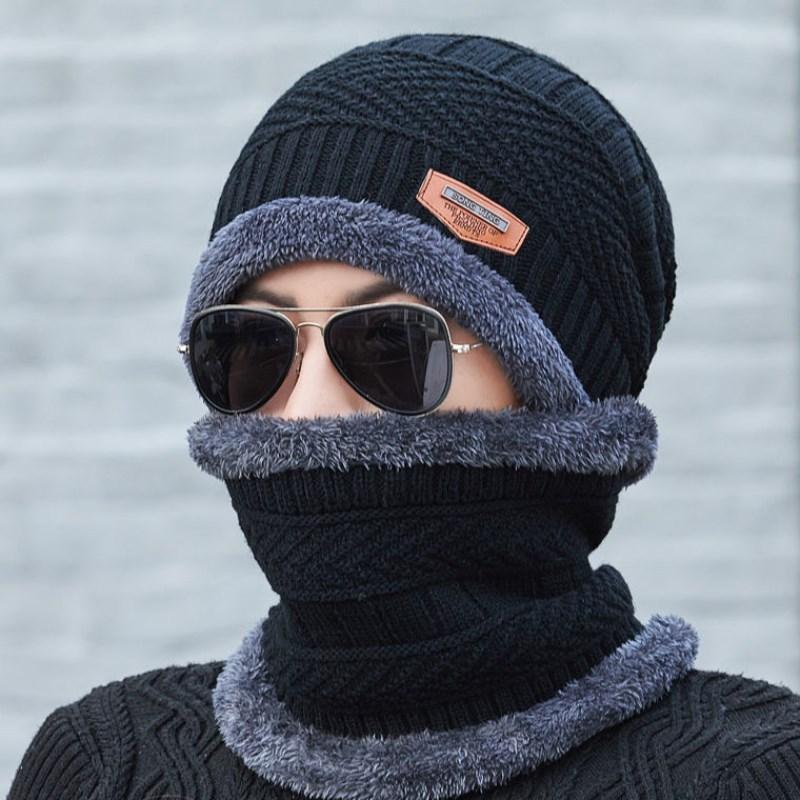 Hat Men's Autumn and Winter Wool Knitted Pullover Hat Fleece Thickened Hat Scarf Two-piece Knitted Hat