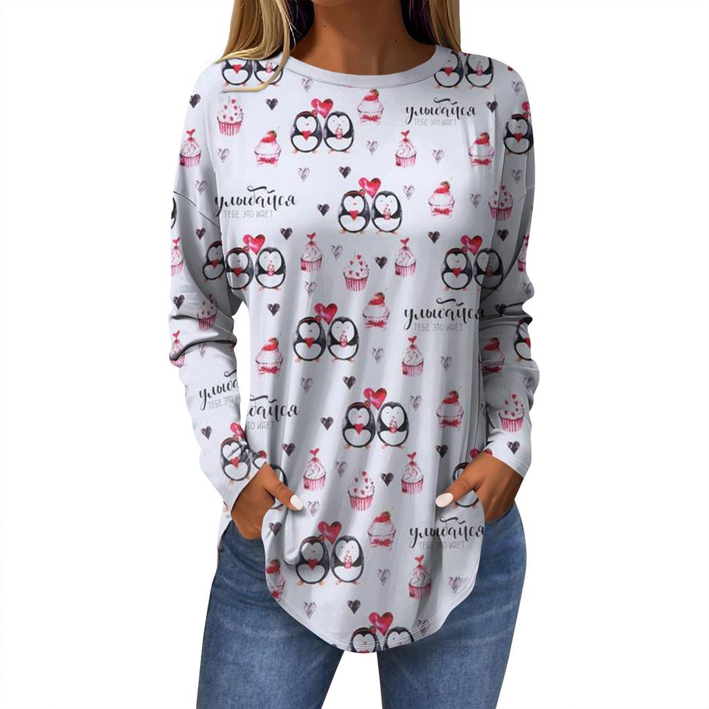 Женская модная повседневная футболка с круглым вырезом и длинным рукавом с рождественским принтом