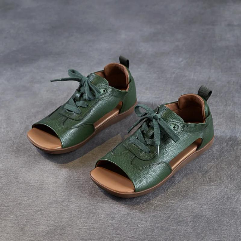 Johnature Сандалии из натуральной кожи с открытым носком, в стиле ретро, на плоской подошве, со шнуровкой, на мягкой подошве, женские туфли