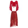 Womens Belly Dance Costume V Neck Lace Up 3/4 Tulle Flare Sleeve Crop Top Sequin Beaded Chiffon Skirt