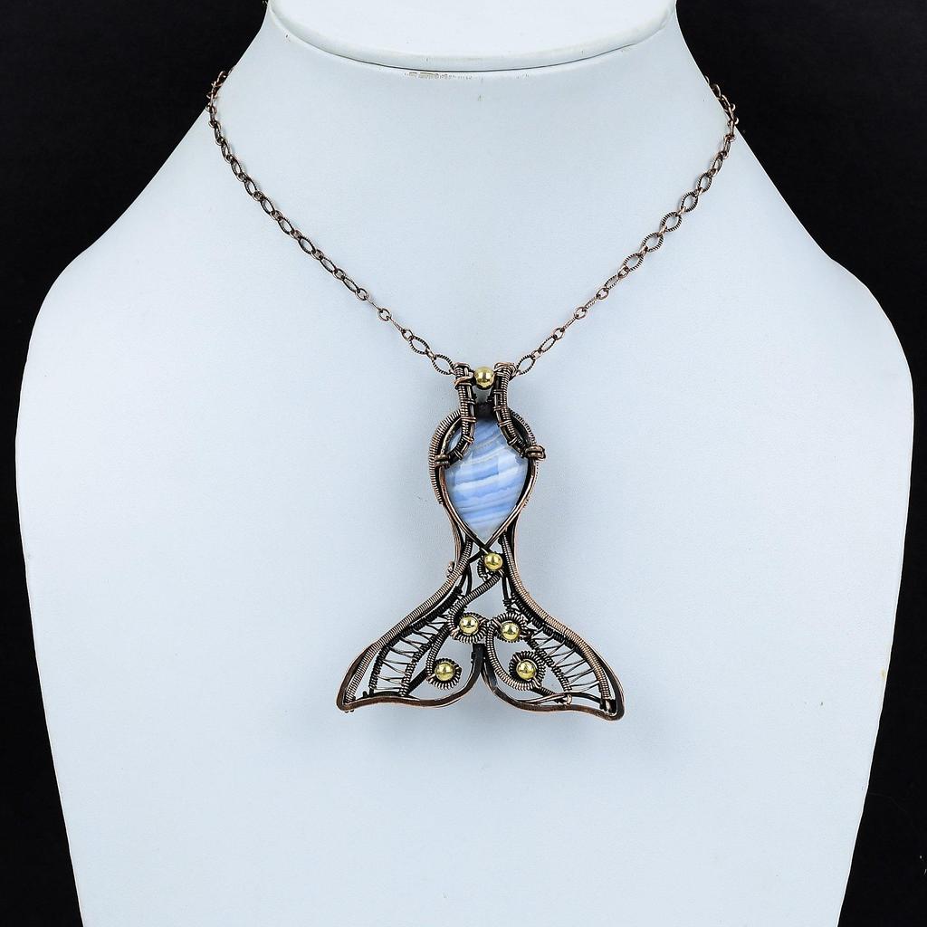 Blue Lace Agate Pendant Copper Wire Wrapped Pendant Handmade Fish Pendant Copper Jewelry Gemstone Pendant Birthstone Pendant Gift For Mother