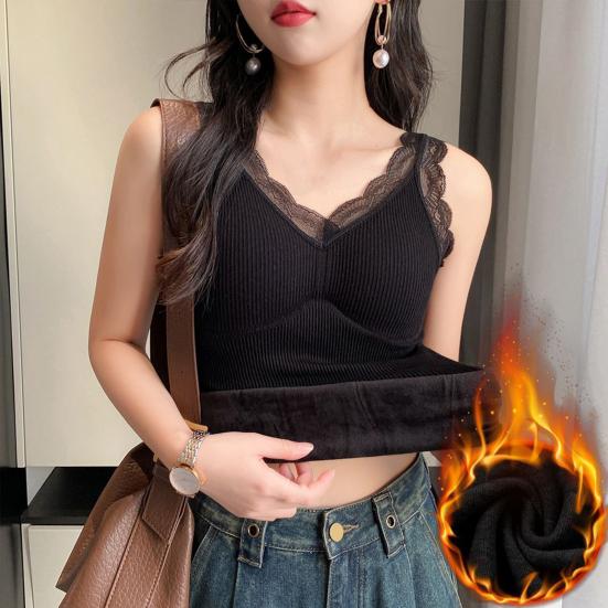 Women Vest V-Neck Sleeveless Padded Underwear Vest Solid Color Lace Trim Elastic Bottom Vest Winter Daily Wear