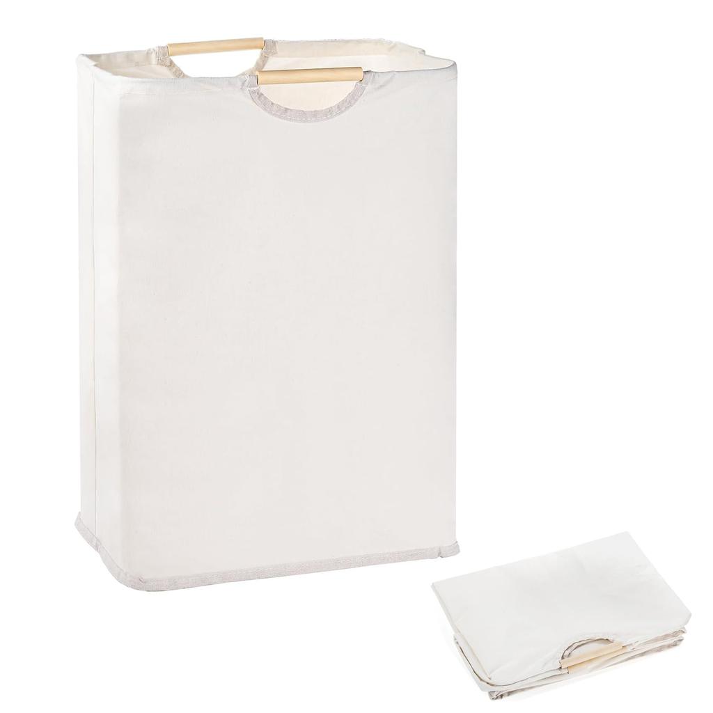 VitalBloom Foldable Laundry Large with Wooden Slim Design x 27 x 53 cm Basket, Capacity, Water-Repellent, Handle, Freestanding, (40 (White))