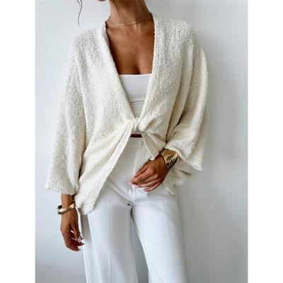 Свитер с перекрестной вязкой для женщин, однотонный, с глубоким V-образным вырезом, с длинным рукавом, свободный, короткий топ, осенняя элегантная женская повседневная верхняя одежда