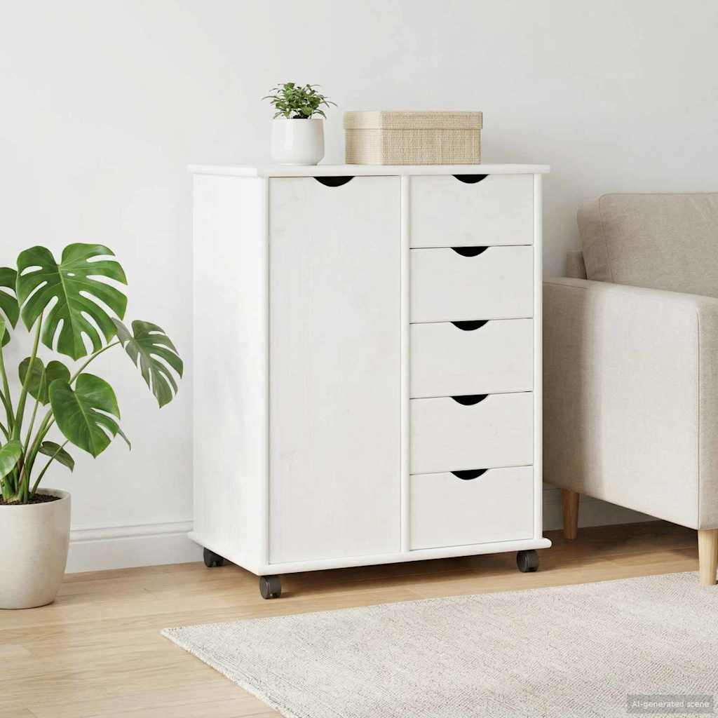 Rolling Cabinet with Wheels White 63.5 x 39 x 79 cm Solid Pine Wood