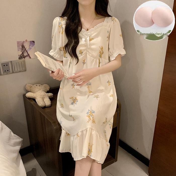 Ночная рубашка с короткими рукавами и нагрудной подкладкой 2024 года – Милый хлопковый облачный стиль в стиле мультяшной принцессы