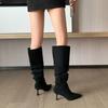 Pleated Faux Suede Knee-High Boots Women Pointed Toe Slip-On Western Cowboy Boots Woman 2025 Autumn Thin Heels Long Botas Mujer