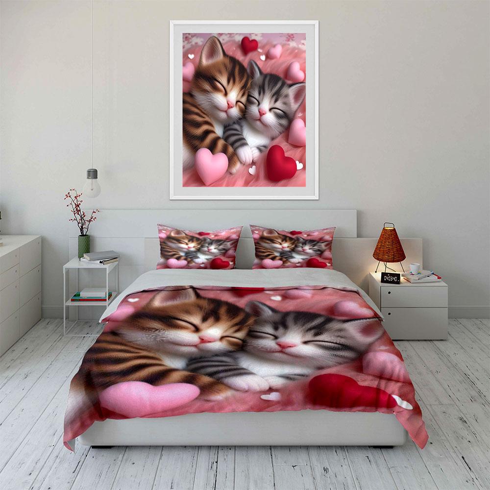 Cute Sleeping Tabby Kitten Bedding Set 3pcs, Pink Fluffy Heart Baby Cat Print Soft Duvet Cover,Adult and kids room decor,Gift