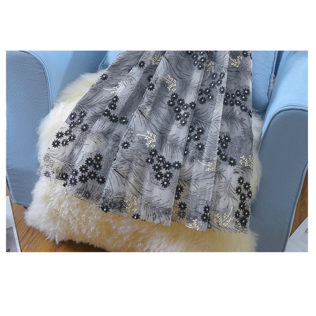 Qooth Women A Line Tulle Embroidered Flowers Skirt Wide Hem Mid Length Elastic Waist Skirt QT2654