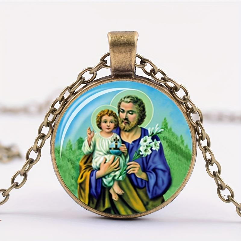 Vintage Jesus Virgin Mary Necklace Time Gemstone Glass Alloy Material Necklace