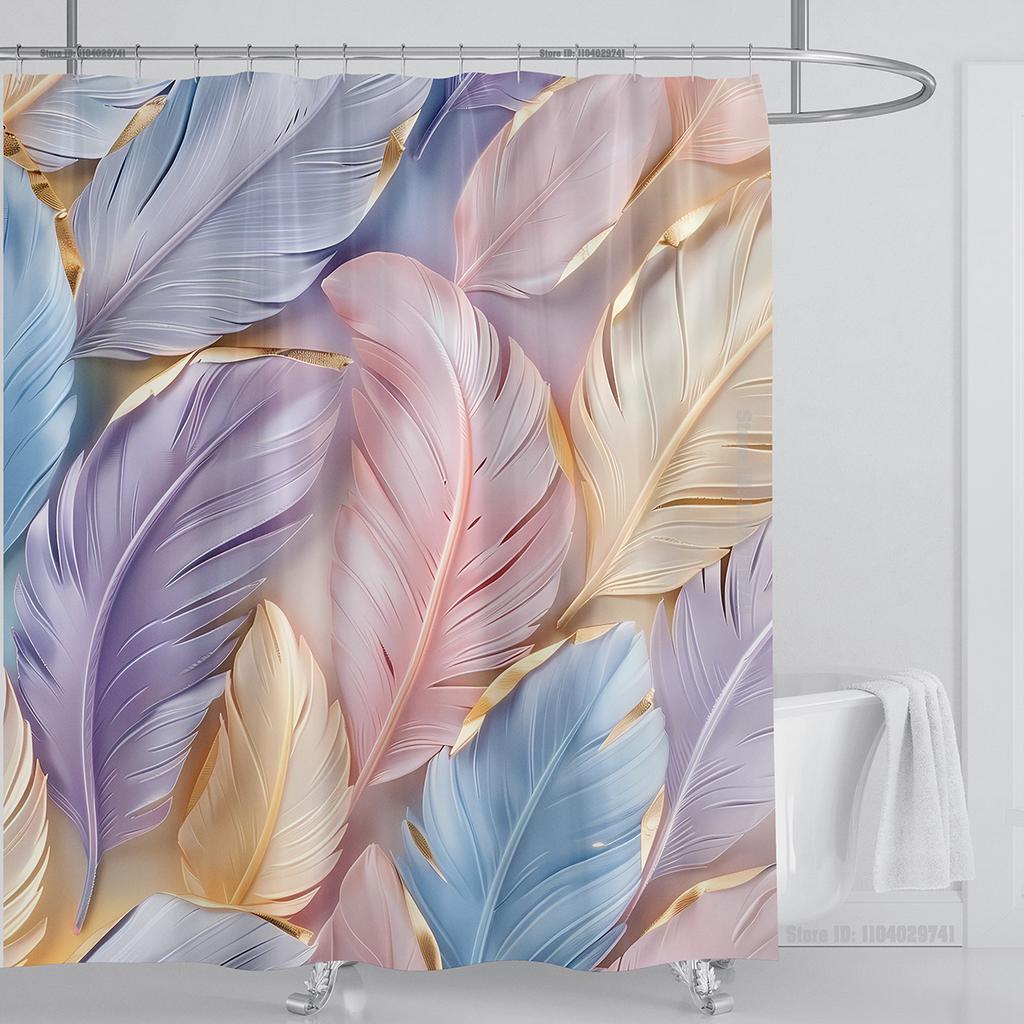 3D Feather Shower Curtain Set Colorful Printed Design Fabric Bathroom Decoration Waterproof Washable Shower Curtain with Hooks