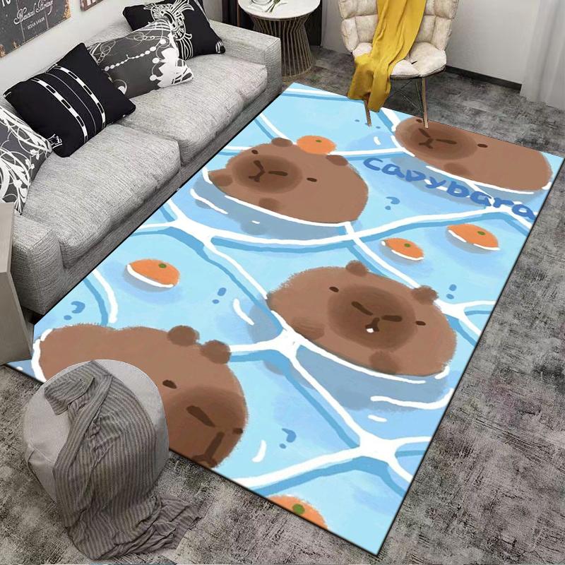 Adorable Capybara Cartoon Print Carpet, Blue Water Design, Kids Room Decor Suitable for use as an anti-slip for living room bedroom sofas