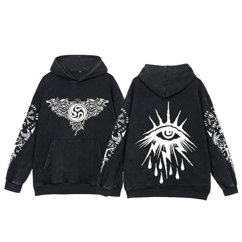 2024 Viking Hoodies Men Tattoo Print Acid Wash Hoodie Cotton Loose Long Sleeve Pullover Vintage Oversized Casual Hooded Sweatshi