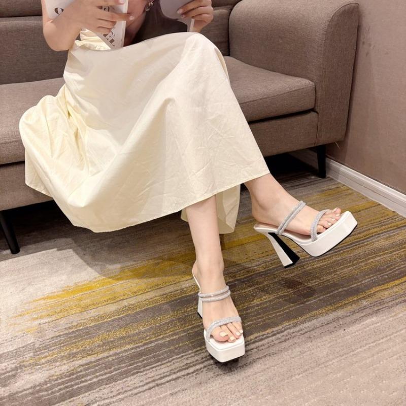 Женские босоножки с кристаллами, квадратный носок, высокие каблуки, туфли на платформе, массивные туфли, новые летние туфли-лодочки с открытой пяткой, женские босоножки Mujer