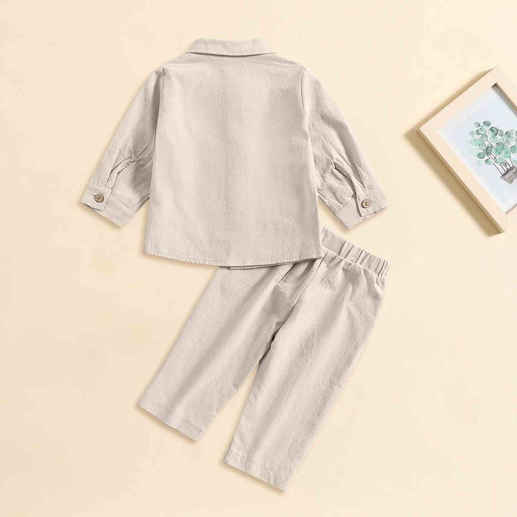 Сплошной цвет хлопка и льна для мальчиков, повседневная рубашка с карманами и пуговицами, комплект брюк, брюки с длинными рукавами, костюм из двух предметов