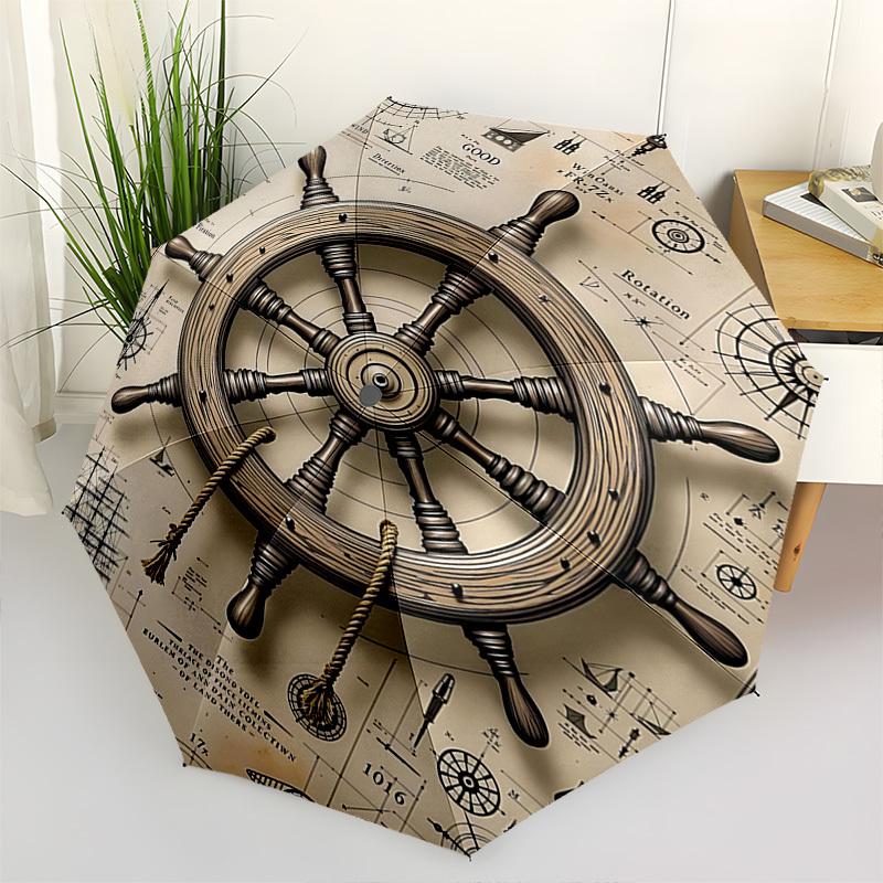 Nautical Wheel, Compass Themed Automatic Opening and Closing Umbrella, Brightly Colored 8-rib Portable Umbrella, Suitable for Men and Women,