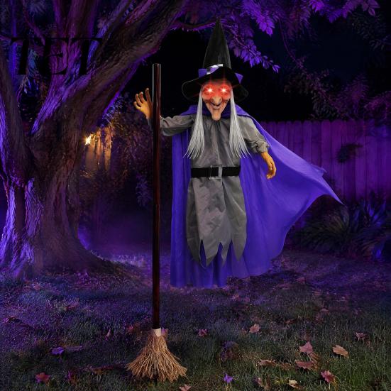 Haunted House Thrilling Surprises 180cm Halloween Props, Flying Witch Decoration with Scary Sounds & Lights, Outdoor Hanging Decor for Garden