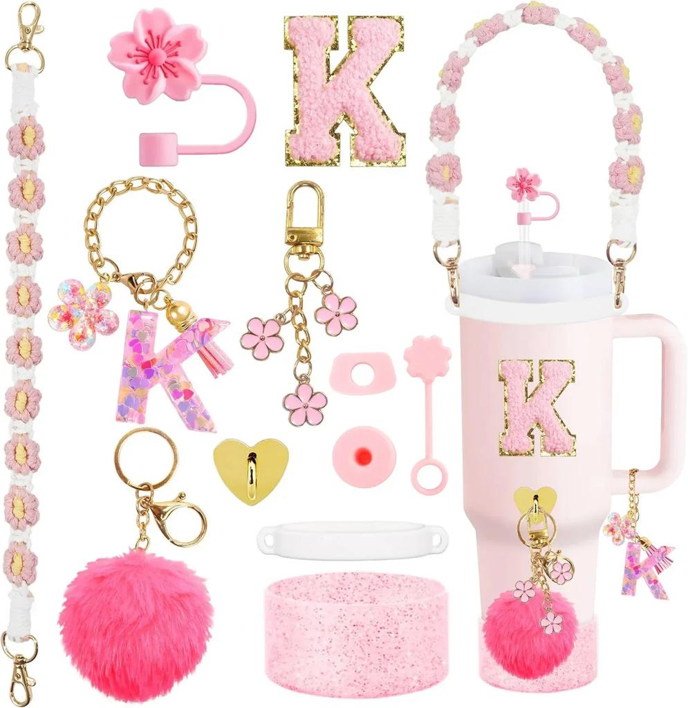 12PCS Cup Accessories for Cup 30oz 40oz Straw Cover Cap Water Bottle Handle Strap Boot Chains Personalized Sticker