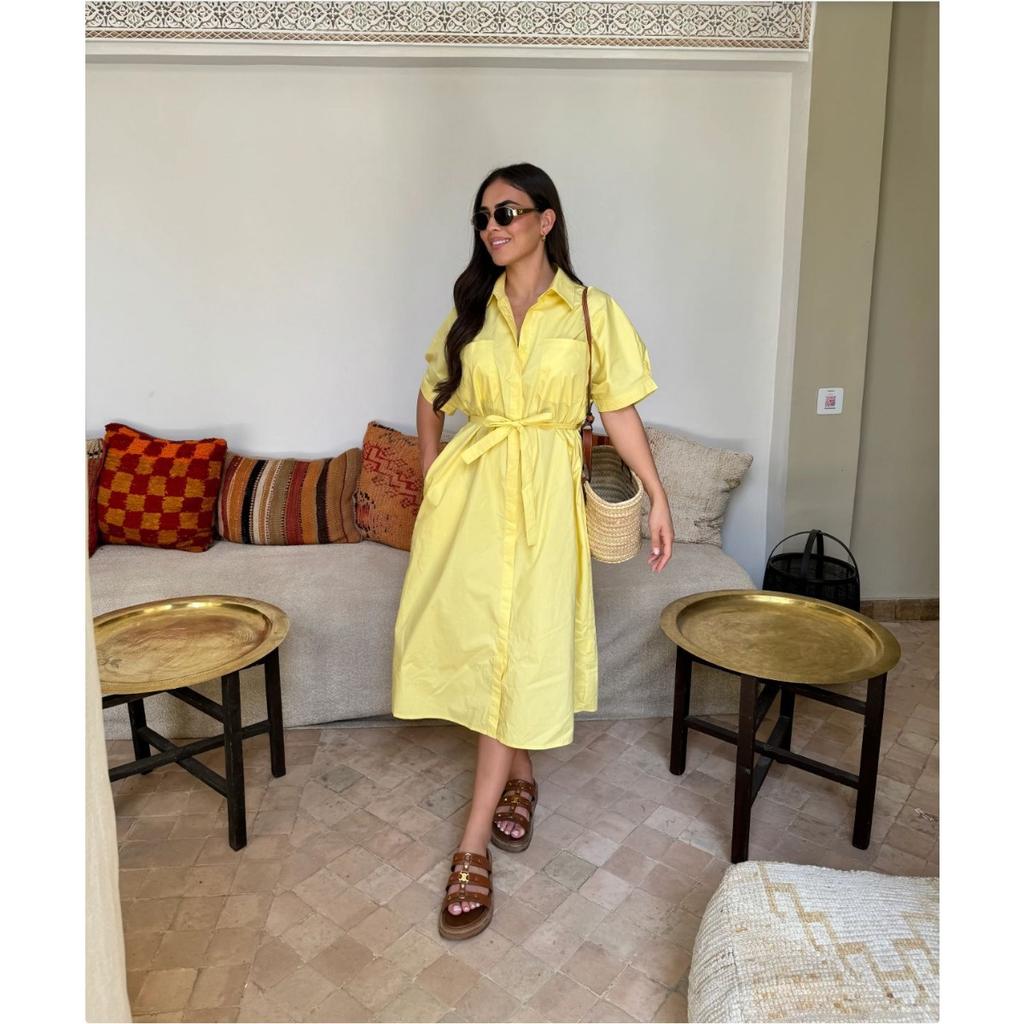 Women's Shirt Collar Short Sleeve Loose Fit Waist Tie Solid Color Shirt Dress