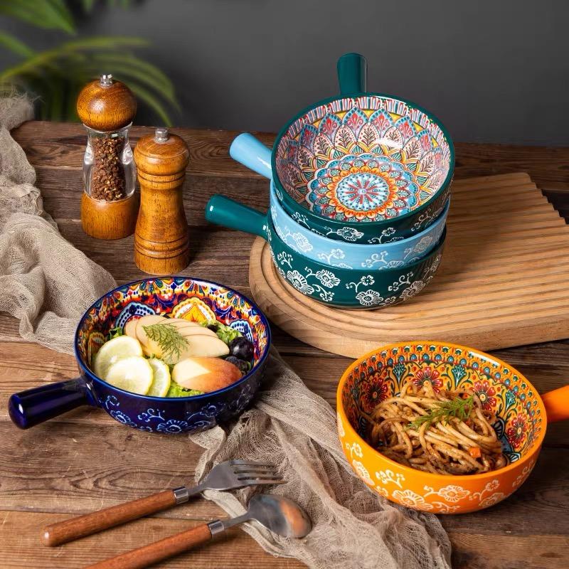 Bohemian Ceramic Handle Bowl, Home Creative Fruit Salad Bowl, Instant Noodle Bowl With Handle, Oven Baking Bowl, Heat-Resistant
