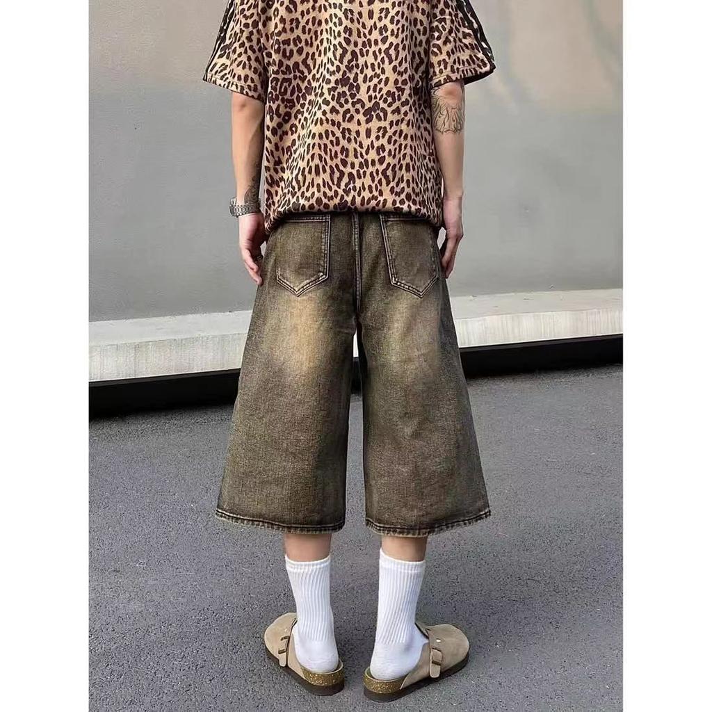 Укороченные мужские джинсы в стиле ретро с широкими штанинами, готические, стираные, свободные, прямые, повседневные, для пар, шорты, спортивные штаны