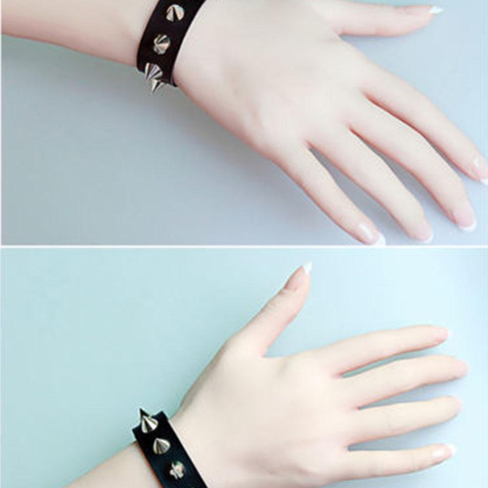 Серебряный женский браслет-манжета, металлический черный браслет с шипами, кожаный панк-манжет с заклепками