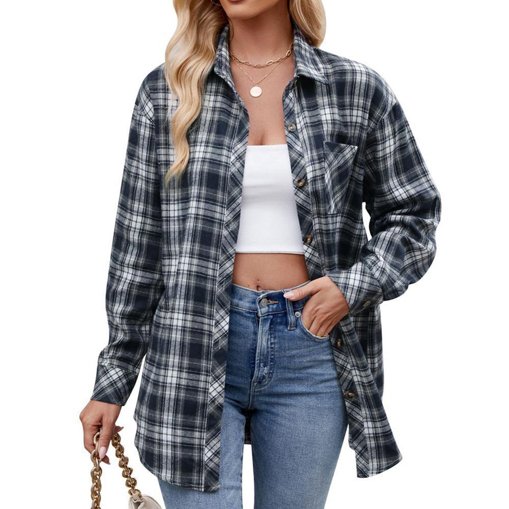 Women's Fashionable Wide Plaid Long Sleeved Loose Button Pocket Shirt Jacket