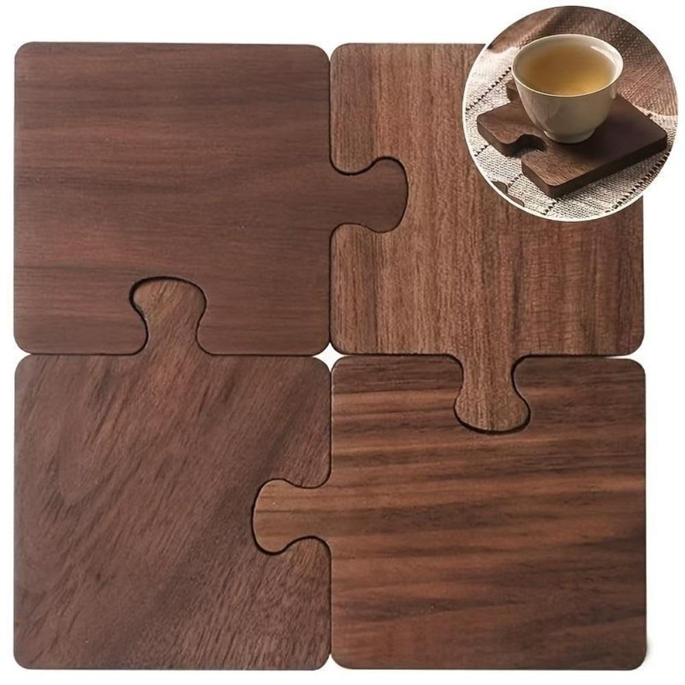 4pcs Heat Resistant Puzzle Coasters Vintage Tea Cup Mat Wooden Coaster Set Tabletop Protection