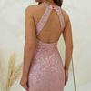 Women Evening Dress Shiny Sequin Halter Neck Sleeveless Backless Slim Fit Sheath Off Shoulder Pure Color Ankle Length Party Prom Wedding Maxi Gown