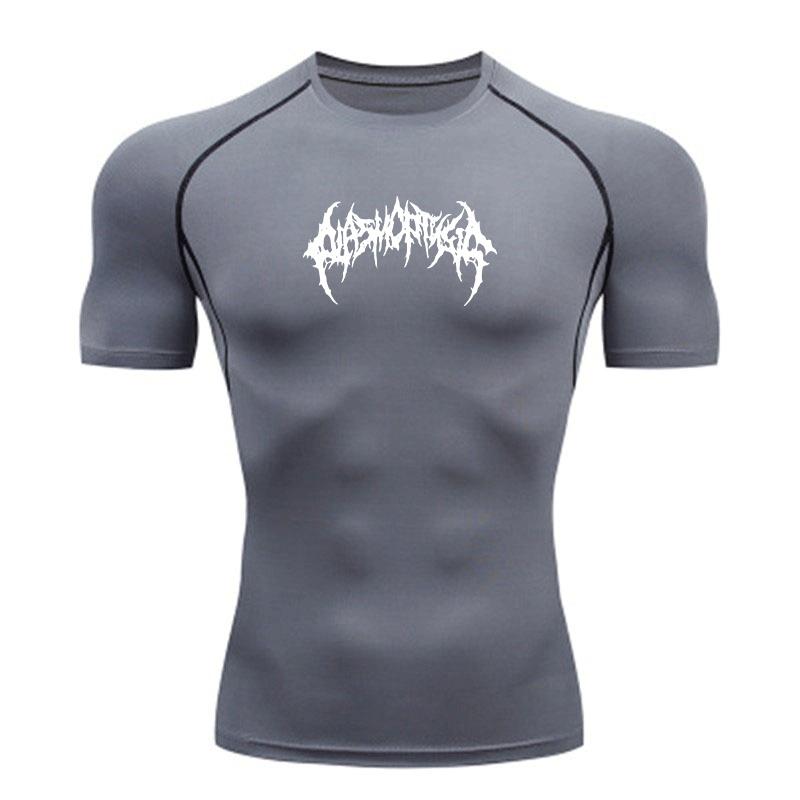 Men's Compression Fitness Sport T-Shirt, Quick Dry Stretchy Athletic Workout Tee with Cool Death Metal Style Graphic for Gym Running Training