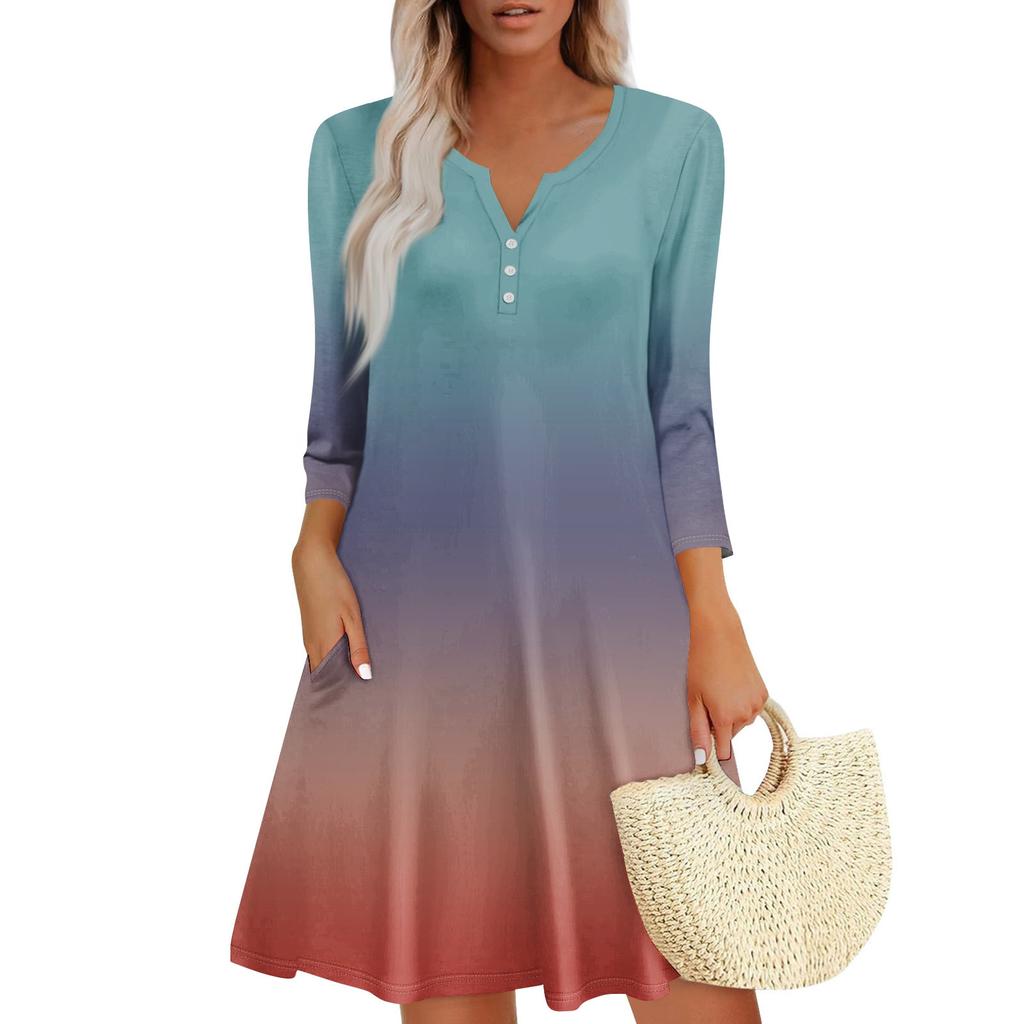 Women's Summer Dress Loose V Neck Three-quarter Sleeve Sundress With Pockets Dress