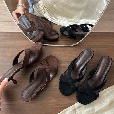 Женские летние шлепанцы в стиле ретро с перемычкой между пальцами, повседневные шлепанцы для платья на высоком каблуке для дам